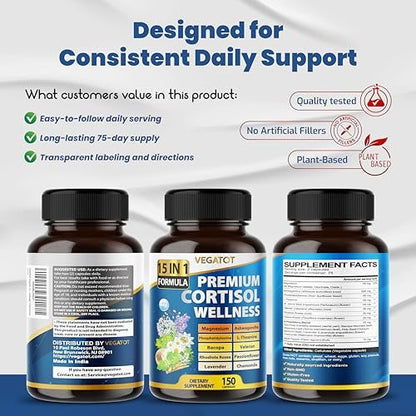 VEGATOT Organic Cortisol Wellness Complex 15-in-1 Formula with Magnesium Ashwagandha St. John's Wort Valerian Rhodiola Rosea Passionflower Chamomile
