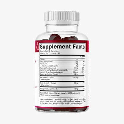Vitamatic Beet Root Gummies with B6, B12, Grape Seed, Pomegranate & Nicotinamide – Plant-Based Extract – Vegan, Non-GMO – Botanical Supplement Gummies – 60 Count