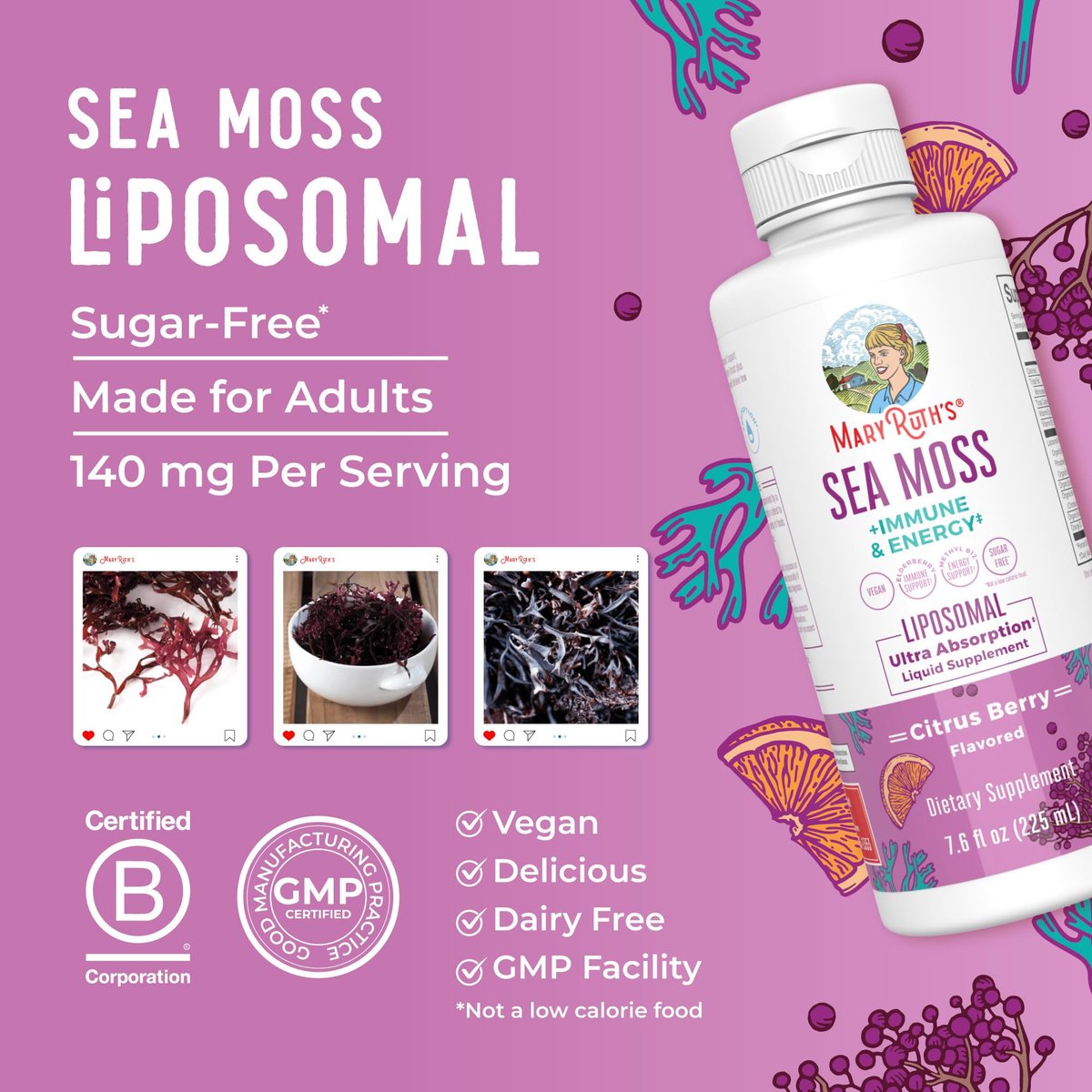MARYRUTH'S Organics Sea Moss + Immune & Energy Liposomal | Irish Sea Moss | Vitamin B12 | Vitamin E | Elderberry | Rose Hip Oil | Orange Oil | Immune Support Supplement | Vegan | Sugar Free | 7.6 oz - görsel 2
