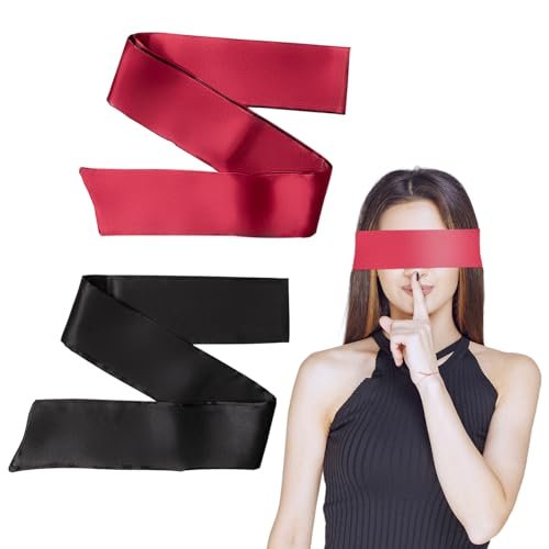 2 Pcs Satin Eye Mask for Sleeping - Silk Blindfold for Women & Men - Adults Couples Blindfold Scarf - Sleep Eye Cover for Travel Nap Meditation - Valentine Gift - 150cm/59inch (Black + Red) - görsel 6