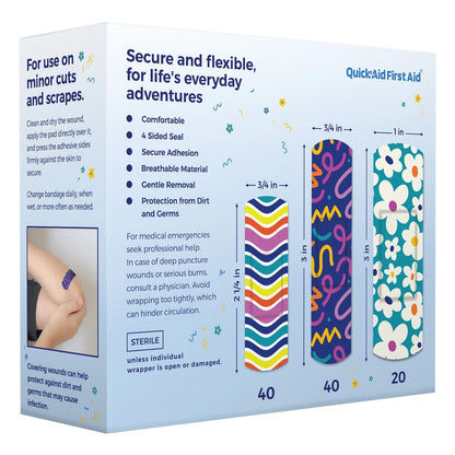Quick Aid First Aid Wonderland Bandages, Bandages Variety Pack 100 Count, Fun Designs for Kids Adults, Gentle Adhesion Soft Breathable, Latex Free, Use for Minor Cuts Scrapes, First Aid Supplies