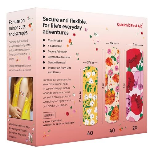 Quick Aid First Aid Flower Bandages, Bandages Variety Pack 100 Count, Fun Designs for Kids Adults, Gentle Adhesion Soft Breathable, Latex Free, Use for Minor Cuts Scrapes, First Aid Supplies - görsel 9