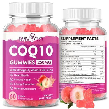 Sugar-Free CoQ10 Gummies 250mg, Plus Omega-3, Vitamin B3 & Zinc, Magnesium - High Absorption Coenzyme Q10 Supplements for Heart Health, Cellular Energy, & Antioxidant Support, 60 Count
