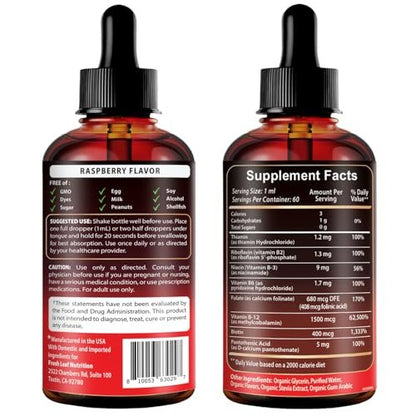 Vegan Vitamin B12 with B Complex 20 mg - Extra Strength for Men and Women - Raspberry Liquid Drops | USA Made, B1, B2, B3, B5, B6, Biotin, Folic Acid & B12 Sublingual Methylcobalamin | 4 Months Supply