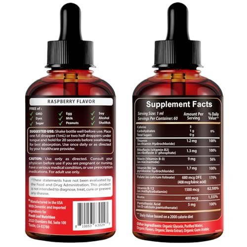 Vegan Vitamin B12 with B Complex 20 mg - Extra Strength for Men and Women - Raspberry Liquid Drops | USA Made, B1, B2, B3, B5, B6, Biotin, Folic Acid & B12 Sublingual Methylcobalamin | 4 Months Supply - görsel 16