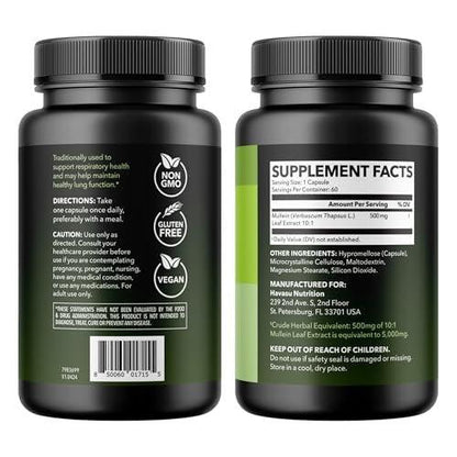 Mullein Leaf Capsules for Respiratory Health - 500mg Mullein Extract for Lung Support and Immune Function - 60 Count - Vegan, Non-GMO Capsules - Herbal Supplement for Daily Wellness - 2 Month Supply
