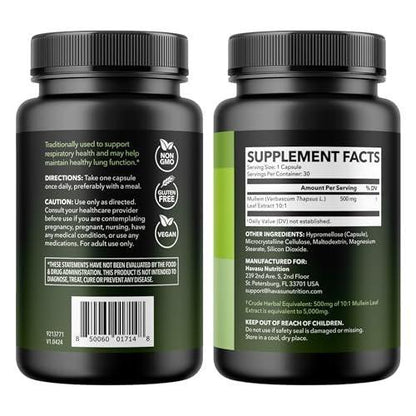 Mullein Leaf Capsules for Respiratory Health - 500mg Mullein Extract for Lung Support and Immune Function - 60 Count - Vegan, Non-GMO Capsules - Herbal Supplement for Daily Wellness - 2 Month Supply
