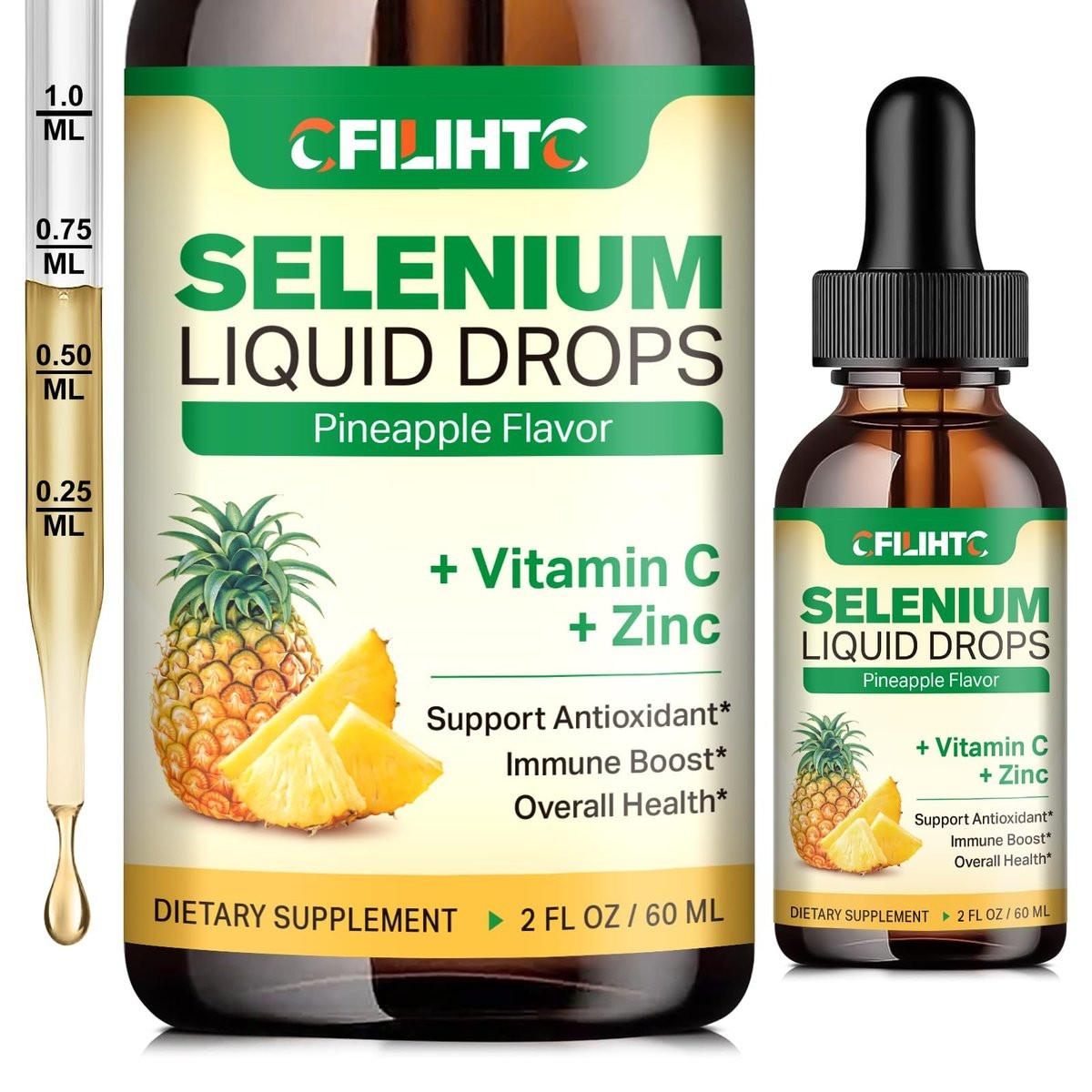 Selenium Liquid Drops, 200mcg Liquid Selenium Supplement with Vitamin C & Zinc, Support for Immune System, Antioxidant & Heart Health, High Absorption, Pineapple Flavor, 2 Fl Oz - görsel 1