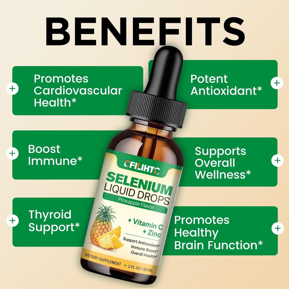 Selenium Liquid Drops, 200mcg Liquid Selenium Supplement with Vitamin C & Zinc, Support for Immune System, Antioxidant & Heart Health, High Absorption, Pineapple Flavor, 2 Fl Oz - görsel 5