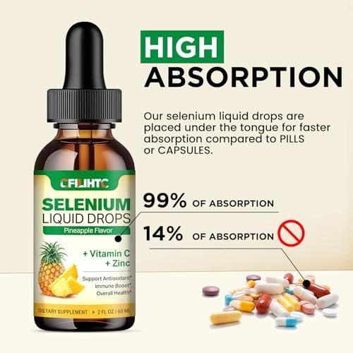 Selenium Liquid Drops, 200mcg Liquid Selenium Supplement with Vitamin C & Zinc, Support for Immune System, Antioxidant & Heart Health, High Absorption, Pineapple Flavor, 2 Fl Oz - görsel 14