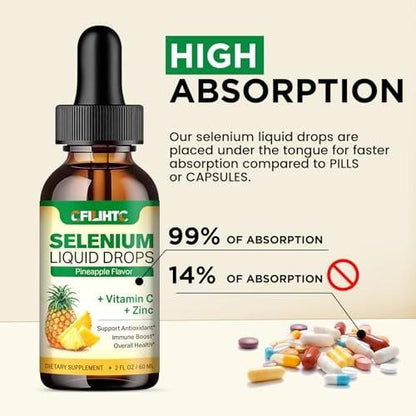 Selenium Liquid Drops, 200mcg Liquid Selenium Supplement with Vitamin C & Zinc, Support for Immune System, Antioxidant & Heart Health, High Absorption, Pineapple Flavor, 2 Fl Oz