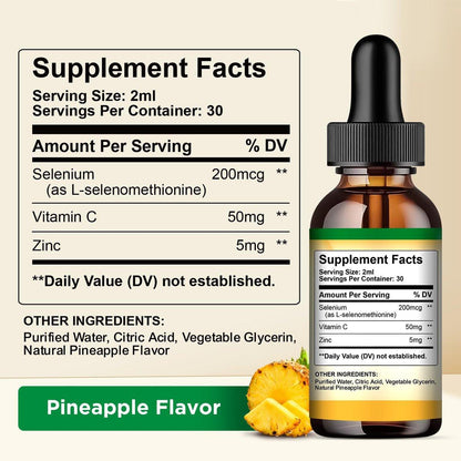 Selenium Liquid Drops, 200mcg Liquid Selenium Supplement with Vitamin C & Zinc, Support for Immune System, Antioxidant & Heart Health, High Absorption, Pineapple Flavor, 2 Fl Oz