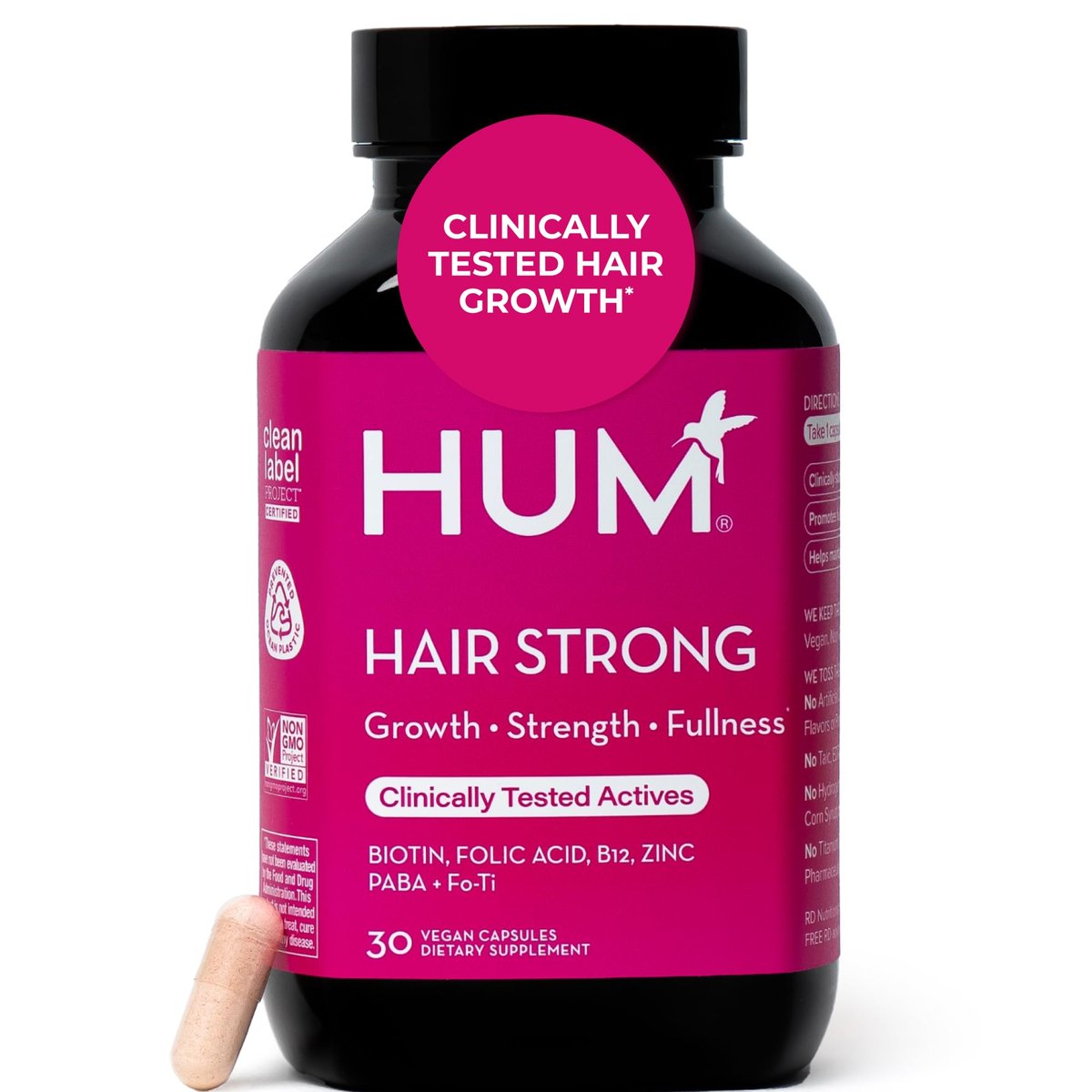 HUM Hair Strong Daily Hair Growth Supplement with Biotin, Zinc, Vitamin B12 to Support Growth, Folic Acid & Vitamin B12 Vitamins for Healthy Hair Support for Women and Men, 30 Vegan Capsules - görsel 1