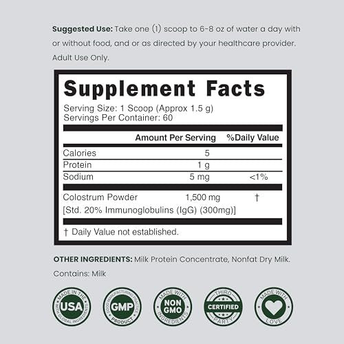 Colostrum Supplement Powder 90g (60 Servings of 1.5g Pure Bovine Colostrum Std. to Contain 20% IgG Immunoglobulins) Grass Fed Powder - No Fillers, Third Party Tested, Unflavored & Non-GMO - görsel 13