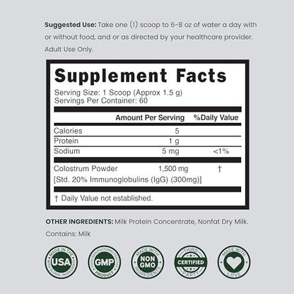 Colostrum Supplement Powder 90g (60 Servings of 1.5g Pure Bovine Colostrum Std. to Contain 20% IgG Immunoglobulins) Grass Fed Powder - No Fillers, Third Party Tested, Unflavored & Non-GMO