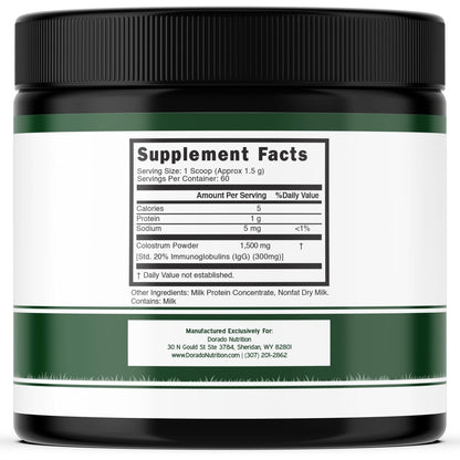 Colostrum Supplement Powder 90g (60 Servings of 1.5g Pure Bovine Colostrum Std. to Contain 20% IgG Immunoglobulins) Grass Fed Powder - No Fillers, Third Party Tested, Unflavored & Non-GMO