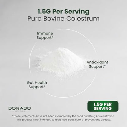 Colostrum Supplement Powder 90g (60 Servings of 1.5g Pure Bovine Colostrum Std. to Contain 20% IgG Immunoglobulins) Grass Fed Powder - No Fillers, Third Party Tested, Unflavored & Non-GMO