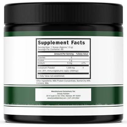 Colostrum Supplement Powder 90g (60 Servings of 1.5g Pure Bovine Colostrum Std. to Contain 20% IgG Immunoglobulins) Grass Fed Powder - No Fillers, Third Party Tested, Unflavored & Non-GMO