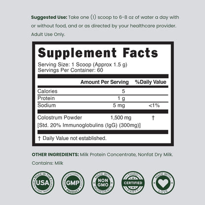 Colostrum Supplement Powder 90g (60 Servings of 1.5g Pure Bovine Colostrum Std. to Contain 20% IgG Immunoglobulins) Grass Fed Powder - No Fillers, Third Party Tested, Unflavored & Non-GMO