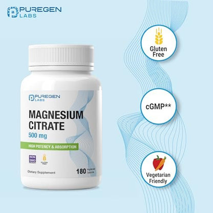 Magnesium Citrate 500 mg | High Potency Elemental Magnesium | Total 180 Veggie Caps, Superior Absorption, Non-GMO, NO Gluten and Dairy