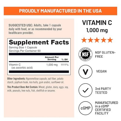 NatureWise Vitamin C 1000mg Capsules - Extra Strength Vegan Vitamin C for Daily Antioxidant & Immune Support - Non-GMO, USA Manufactured - 60 Capsules [60-Day Supply]
