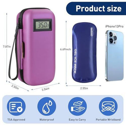 Insulin Cooler Travel Case, Portable Temperature Display Medicine Travel Cooler, Diabetes Case with 2 Reusable Ice Packs TSA Approved for Diabetic Supplies Patent Pending (Purple)