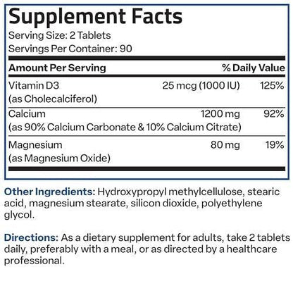 Bronson Calcium 1200 MG Per Serving Sustained Release with Vitamin D3 1000 IU Vitamin D3 Per Serving Non-GMO, 180 Tablets