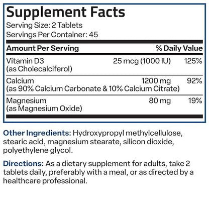 Bronson Calcium 1200 MG Per Serving Sustained Release with Vitamin D3 1000 IU Per Serving Non-GMO, 90 Tablets