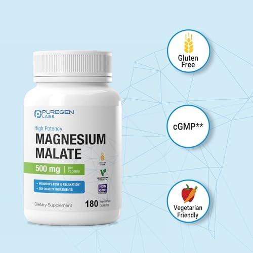 Puregen Labs Magnesium Malate 500mg | High Potency Elemental Magnesium | 180 Veggie Caps, Superior Absorption, Non-GMO, NO Gluten and Dairy, Gentle on Stomach - görsel 9