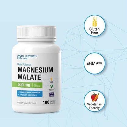 Puregen Labs Magnesium Malate 500mg | High Potency Elemental Magnesium | 180 Veggie Caps, Superior Absorption, Non-GMO, NO Gluten and Dairy, Gentle on Stomach