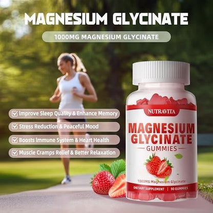 Magnesium Glycinate Gummies 1000mg with Magnesium L-Threonate, Chelated Magnesium Potassium Complex Supplement with VitD, B6, CoQ10, Calcium, Supports for Memory, Calm, Mood - 90 Gummies Strawberry