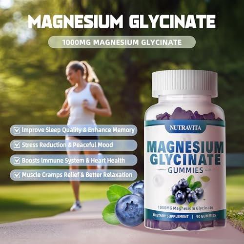 Magnesium Glycinate Gummies 1000mg with Magnesium L-Threonate, Chelated Magnesium Potassium Complex Supplement with VitD, B6, CoQ10, Calcium, Supports for Memory, Calm, Mood - 90 Gummies Blueberry - görsel 4