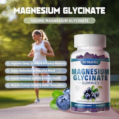 Magnesium Glycinate Gummies 1000mg with Magnesium L-Threonate, Chelated Magnesium Potassium Complex Supplement with VitD, B6, CoQ10, Calcium, Supports for Memory, Calm, Mood - 90 Gummies Blueberry
