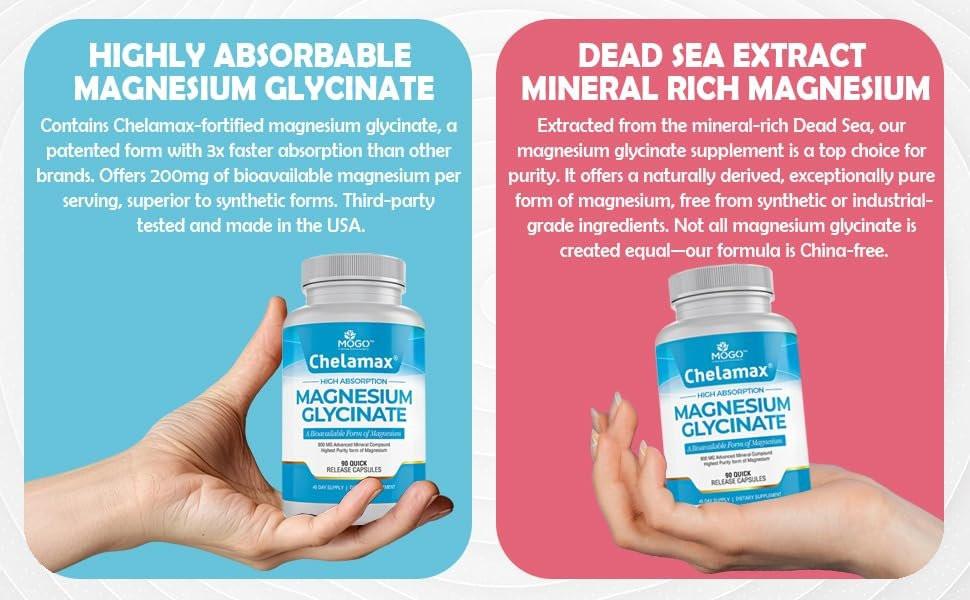 Chelamax Magnesium Glycinate - Dead Sea Sourced, 100% Chelated Magnesium for Sleep Support, Muscle Cramps, Bone Health - Made in USA, 3rd Party Tested, Heavy Metal Free - Glicinato de Magnesio Capsules (90 Count) - görsel 1