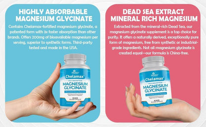 Chelamax Magnesium Glycinate - Dead Sea Sourced, 100% Chelated Magnesium for Sleep Support, Muscle Cramps, Bone Health - Made in USA, 3rd Party Tested, Heavy Metal Free - Glicinato de Magnesio Capsules (90 Count)