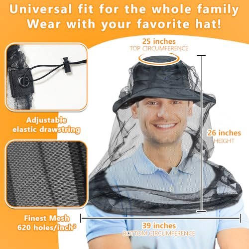 Mosquito Head Net for Insects, 2 Pack, Premium Bug Net for Head, Fly & Bug Protection | Ultra Large & Long, Finest Holes for Camping, Hiking, Fishing, Gardening, Fits All Hats for Men & Women - görsel 5