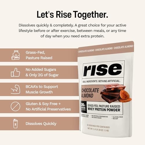 Rise Grass-Fed Whey Protein Powder - Chocolate Almond | 25g Protein, No Artificial Flavors, Colors, or Preservatives - Sugar Free, Gluten-Free, Soy Free (Single Serving, 1 Pack) - görsel 4