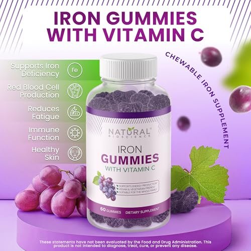 Iron Gummies with Vitamin C for Adults & Kids - Chewable Iron Supplement for Iron Deficiency Anemia, Red Blood Cell Support, Energy, Immune Function, Brain Health, Max Absorption, Grape Flavor, Vegan - görsel 6