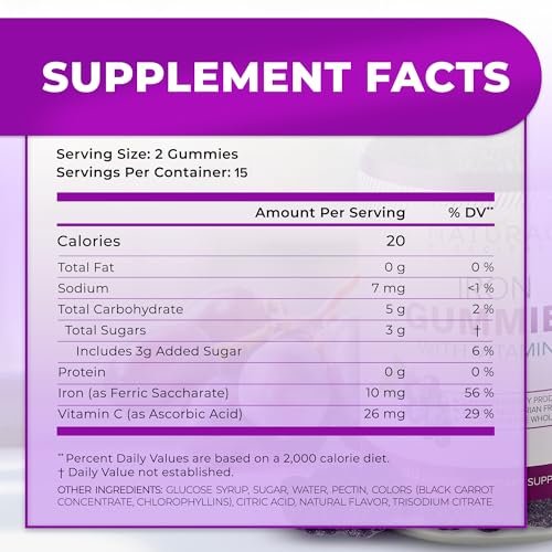 Iron Gummies with Vitamin C for Adults & Kids - Chewable Iron Supplement for Iron Deficiency Anemia, Red Blood Cell Support, Energy, Immune Function, Brain Health, Max Absorption, Grape Flavor, Vegan - görsel 3