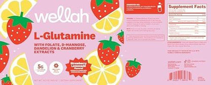 Wellah L-Glutamine Strawberry Lemonade Flavored (50 Servings) - 5g L-Glutamine Per Serving, Sweetened with Stevia