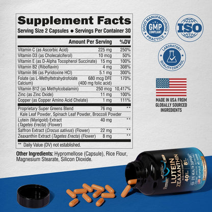 Eye Vitamins - Lutein and Zeaxanthin Supplements - AREDS2 Based Supplement for Seniors & Adults - Eye Health & Vision Support - Saffron, Zinc, Vitamins, Copper, Super Greens - Lab Tested - 60 Capsules