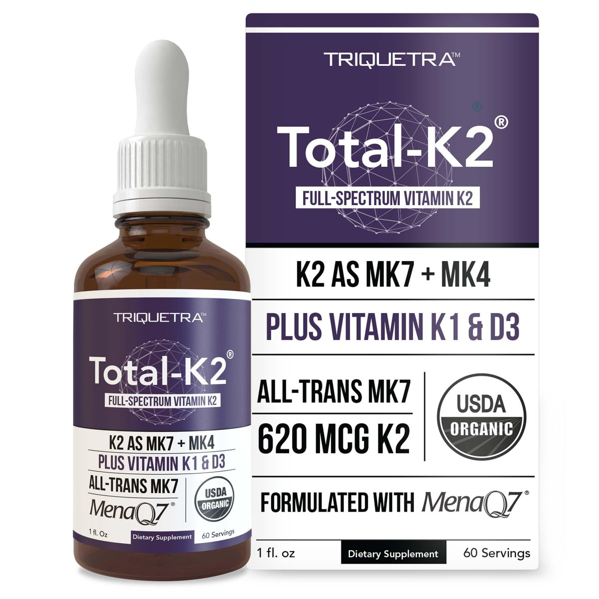 Total K2® | Vitamin K2 as MK7 & MK4 | Plus K1 & Vitamin D3 Cofactor - 620 mcg K2 per Serving - All-Trans MK7 from MenaQ7® - Full-Spectrum Vitamin K - Vegan, Organic Certified (Liquid 1 oz) - görsel 1