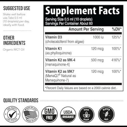 Total K2® | Vitamin K2 as MK7 & MK4 | Plus K1 & Vitamin D3 Cofactor - 620 mcg K2 per Serving - All-Trans MK7 from MenaQ7® - Full-Spectrum Vitamin K - Vegan, Organic Certified (Liquid 1 oz)
