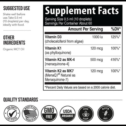 Total K2® | Vitamin K2 as MK7 & MK4 | Plus K1 & Vitamin D3 Cofactor - 620 mcg K2 per Serving - All-Trans MK7 from MenaQ7® - Full-Spectrum Vitamin K - Vegan, Organic Certified (Liquid 1 oz)