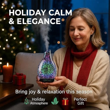 JOYOLO 120ML Essential Oil Diffuser, 3D Glass Aromatherapy Diffuser with Auto Shut-Off and 7 Color LED Lights, Ultrasonic Mist Humidifier with 4 Timer for Home Office Bedroom (3D Fireworks)