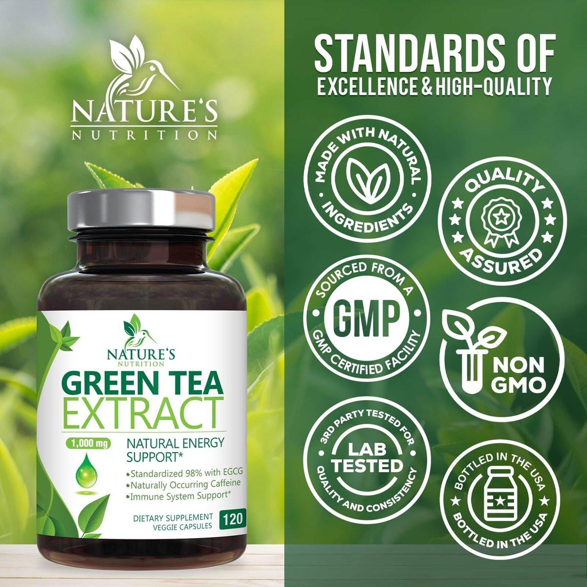 Green Tea Extract Capsules - 3X Strength Green Tea Extract 1000 mg Per Serving Pills with 45% EGCG & 98% Polyphenols for Natural Energy - Antioxidant Herbal Heart Support Supplement - 120 Capsules - görsel 7