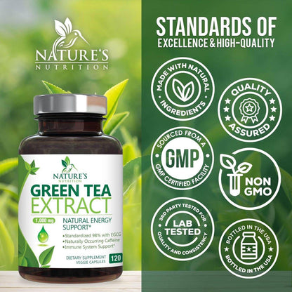 Green Tea Extract Capsules - 3X Strength Green Tea Extract 1000 mg Per Serving Pills with 45% EGCG & 98% Polyphenols for Natural Energy - Antioxidant Herbal Heart Support Supplement - 120 Capsules