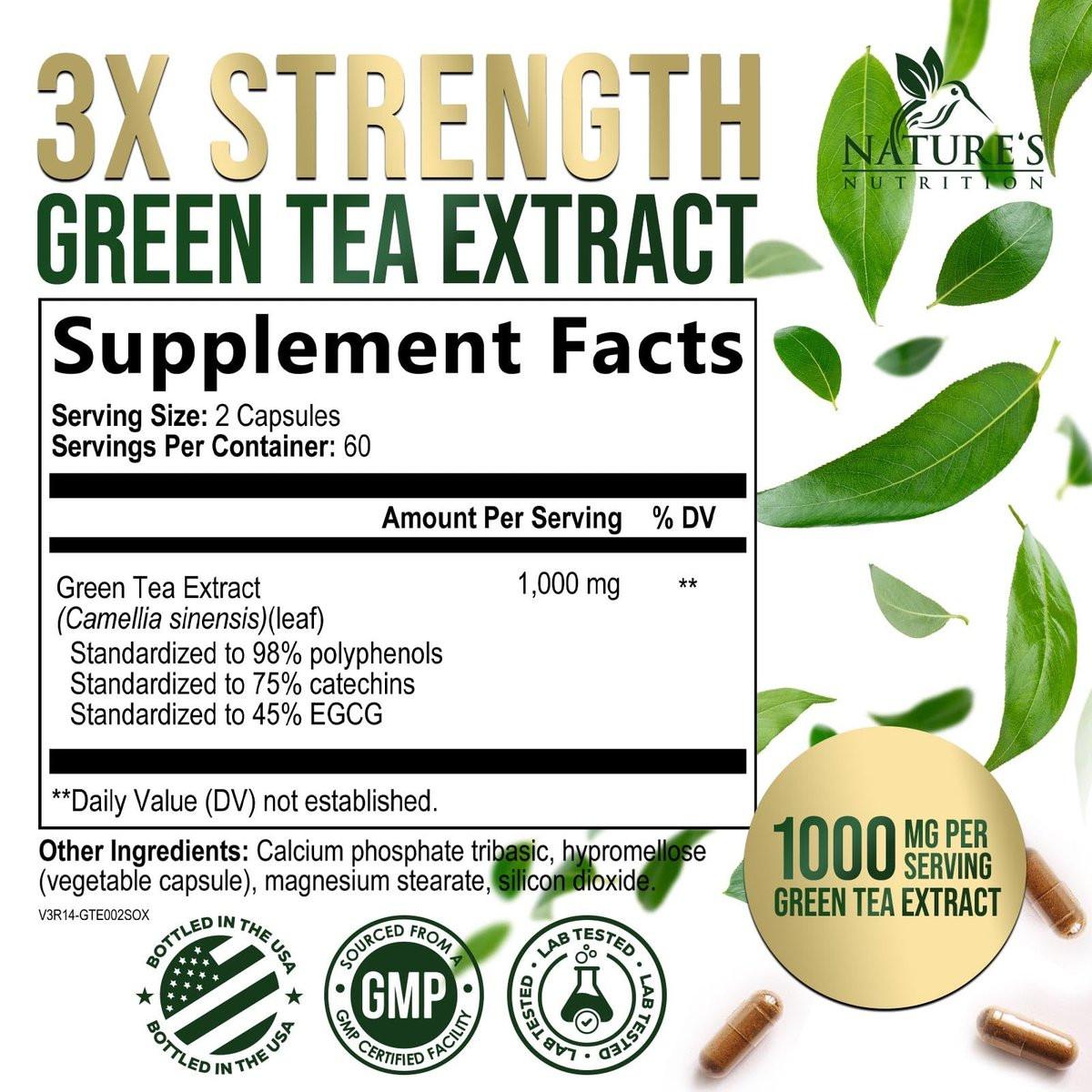 Green Tea Extract Capsules - 3X Strength Green Tea Extract 1000 mg Per Serving Pills with 45% EGCG & 98% Polyphenols for Natural Energy - Antioxidant Herbal Heart Support Supplement - 120 Capsules - görsel 3