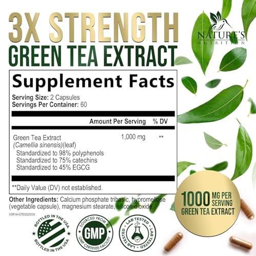 Green Tea Extract Capsules - 3X Strength Green Tea Extract 1000 mg Per Serving Pills with 45% EGCG & 98% Polyphenols for Natural Energy - Antioxidant Herbal Heart Support Supplement - 120 Capsules - görsel 4