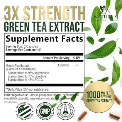 Green Tea Extract Capsules - 3X Strength Green Tea Extract 1000 mg Per Serving Pills with 45% EGCG & 98% Polyphenols for Natural Energy - Antioxidant Herbal Heart Support Supplement - 120 Capsules